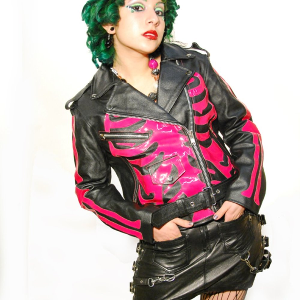 Women's Pink and Black Leather Jacket
